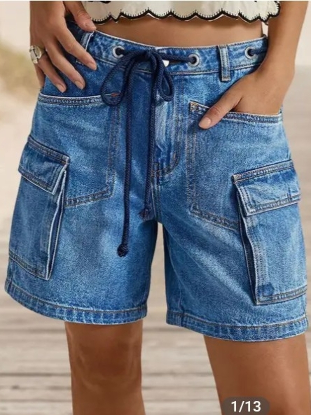 Women's Blue Denim Cargo Shorts with Drawstring Waist